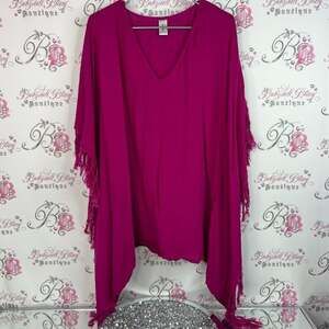 Accessory Street coverup dress tassle sides beach rayon Pink Poncho with Fringe